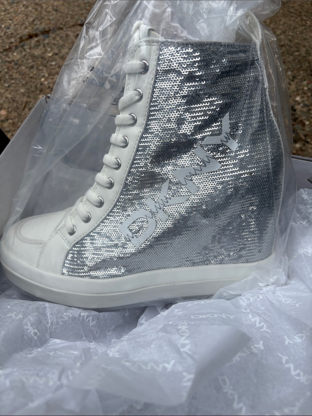 DKNY Silver Sequin High-Top Wedge Sneaker - Silver/White
